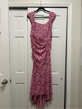 Vintage Rose-Pink Floral Ruched Midi Dress